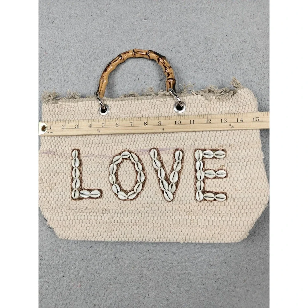 Beach Queen Tote Bag Womens Large Beige LOVE Shell‎ Bamboo Handles Woven Beach